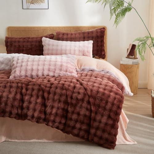 DXHOME Warm Winter Bettwäsche 135x200cm Rosa Weiß Farbverlauf Plüsch Flauschig Kaninchenfell Wende Bettwäsche Flanell Cashmere Touch Bettbezug mit Reißverschluss und 2 Kissenbezüge 80 x 80cm