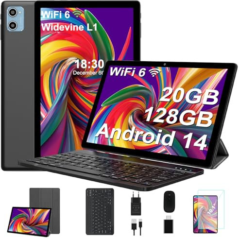 SUAAT Newest Tablet Android 14 10 Pollici 20GB RAM+128GB ROM(1TB TF),Octa-Core, WIFI 6,1.8Ghz,BT5.0, GMS, 8MP + 5MP, Type-C, OTG, Cast, Tablet PC con Custodia, Tastiera e Mouse, Nero Intenso