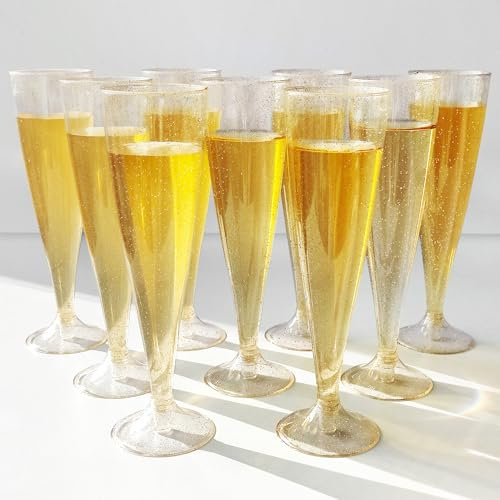LYLIDIA Lot de 30 Flûtes Champagne Plastique Paillettes Dorées Verres Champagne Réutilisables 135 ml Flûtes Plastique Verres Cocktail, Gobelet à Champagne pour fête d'anniversaire, mariage