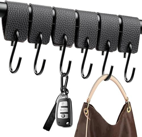 TXXATX 6 Stück SHaken Schwarz mit Lederschlaufe für Kleiderschrank - Metallhaken für Bad und Küche