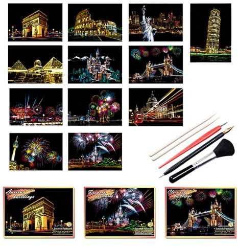 12 fogli di carta da grattare con arcobaleno, serie città, per adulti e bambini, con 5 strumenti.