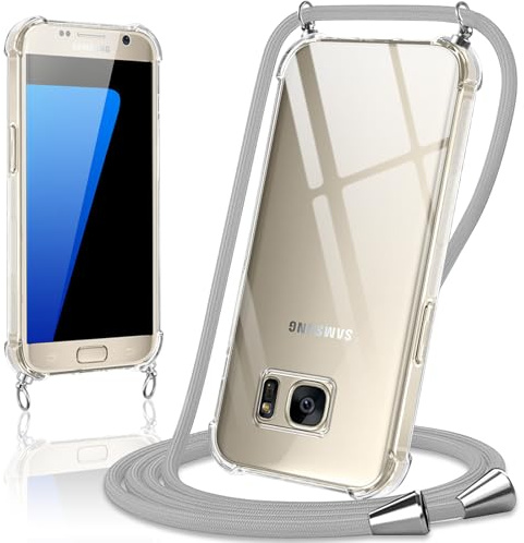Coiwxmoi Handyband Handyhülle für Samsung Galaxy S7 Hülle mit Band 5,1,Transparent Case mit Kette Abnehmbar zum Umhängen Kordel Schutzhülle,Weich Silikon TPU Stoßfest Cover für Samsung S7,Grau