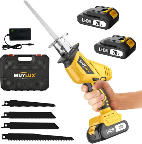 Cordless Reciprocating Saw, Electric Saw with Battery and Charger, 20V Battery Power Saws, 0-3500 SPM Variable Speed, Tool-Free Change, 4 PCS Blades for Wood PVC Metal Pipe Tree Cutting, 2 Batteries