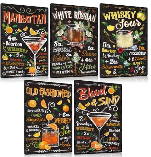 5er Set Retro Blechschilder Cocktail Rezept 20x30cm - MANHATTAN WHISKY SOUR WHITE RUSSIAN OLD FASCHIONED BLOOD SAND - Vintage Metall-schild Wand Decoration Geschenke für Cocktail-bar