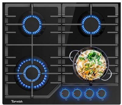 TOPWISH Gaskochfeld 4 flammig, blaue beleuchteter Drehknopf Gaskochfeld, Gaskochfelder, ghärtetes Glas-Gaskochfeld, NG/LPG Konvertierbar, Automatischer Thermoelementschutz, 60cm, 8000 Watt