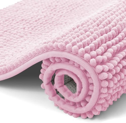 smiry Absorbent Chenille Bath Mat Extra Soft Bathroom Mat, 40x60 cm | Non Slip Bath Mats for Bathroom Machine Washable Quick Dry Bath Rug Bathroom Accessories, Pink