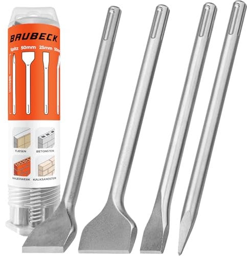 BAUBECK Meißel Set für Beton & Mauerwerk - SDS Max - LONG LIFE [4tlg] - 280mm lang, angewinkelt und gerade - Max Meißel Max Meissel Meisel