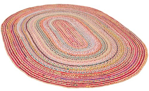 Oval Jute Teppich Salsa Bunt mit Baumwolle - Handgefertigt aus strapazierfähiger Naturfaser - Schlichtes Design mit geflochtenem Muster - Verschiedene Größen verfügbar