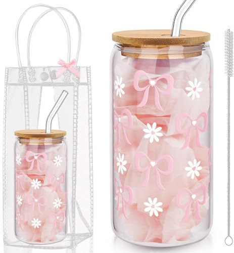 Zernblend 1 Stück 16 Oz Glas mit Deckel und Strohhalm, 1 Transparenter Beutel und 1 Pinsel, Clean Girl, Pink Stuff, Aesthetic