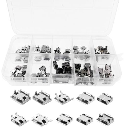 LEMLIN Lot de 100 connecteurs micro USB femelles, 5 broches Dip 180 °, 10 modèles, 10 pièces de chaque type de connecteur pour téléphone, réparation USB