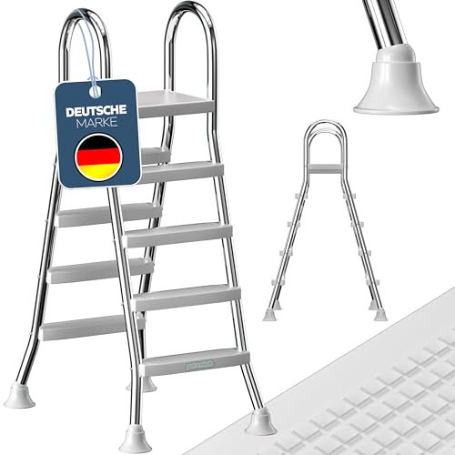 poolomio® Poolleiter Edelstahl mit Handlauf bis 140 cm | Einstiegsleiter mit 4 Stufen für Aufstellpools bis 1,40 m Höhe | sicherer Einstieg, langlebig, stabil | Sicherheitsleiter Traglast 150 kg