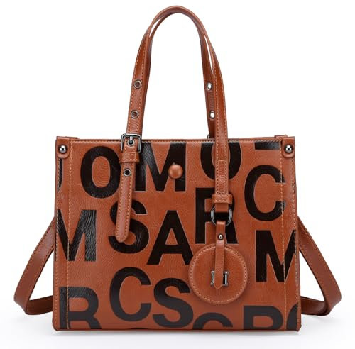 unisoul Briefdruck Handtasche Damen, PU Leder Umhängetasche Shopper Tasche mit mehreren Innentaschen, Tote Bag mit Verstellbar Abnehmbar Gurt