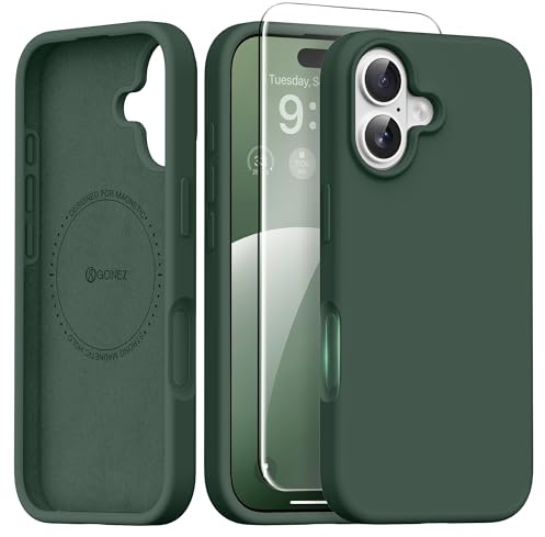 GONEZ Magnetic for iPhone 16 Case, [Compatible with MagSafe] Anti-Scratch Microfiber Lining & Screen Protector, Silicone Camera Control, Shockproof Slim Phone Cover 6.1 inch, Dark Green