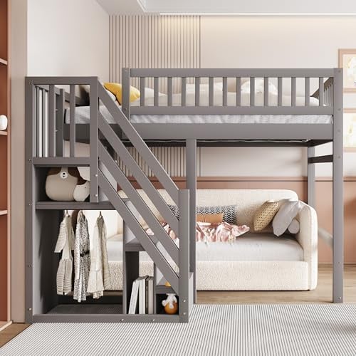 LANTRO JS Kinder Hochbett 140x200 cm mit Treppe und Stauraum, Grau | Etagenbett Treppe mit Aufbewahrungs Schrank, Raumfreundliches Design Hochbett für kleine Zimmer oder Gemeinschaftsräume