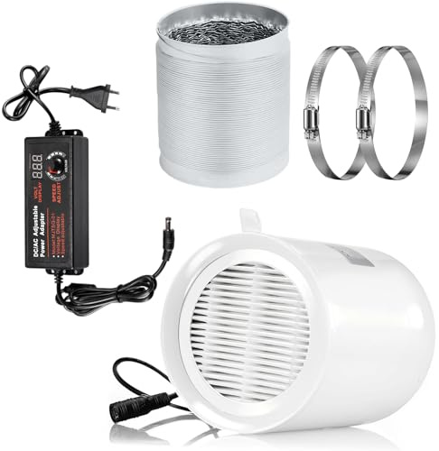 Moonjor 100 mm Inline Duct Fan, DC 12 V Extractor Axial Fan Kit with 2 Metre Duct Hose, Regulator for Bathroom, Garage, Office, Grow Tent, Kitchen