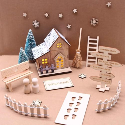 Yarteim Wichteltür Set, Wichtel Zubehör Weihnachten, Komplett mit Led Wichtelhaus Holz, Fußabdrücke, Zäun, Weihnachtswichtel Zubehör, Weihnachtsdorf Beleuchtung Wichtel Haus DIY Geschenk