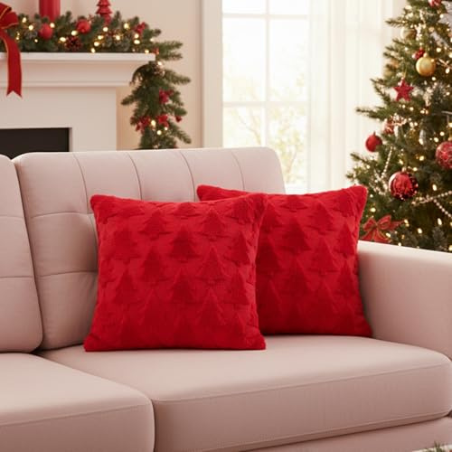 KxrTpx Set of 2 Red Christmas Tree Cushion Covers 45x45cm, Soft Plush Holiday Throw Pillow Cases with Hidden Zipper, Festive Xmas Decor for Sofa, Bedroom, Living Room