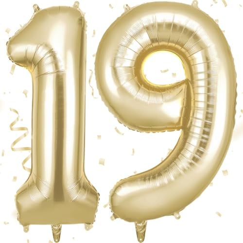 OFFCUP Zahlen Luftballon 19 Geburtstag Gold Creme, Folienballon Zahl 19 | 40 Zoll Helium Ballons Riesen 101cm Geburtstag Mädchen Junge PartyDeko Ballon Zahl Deko zum Jubiläum Neujahr Hochzeit