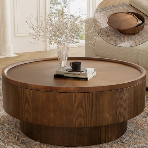 Wxnnx Runder Couchtisch mit Stauraum Modern Luxus Trommel Design Holzoptik Wohnzimmer Zentertisch Apartment Einfach Montage