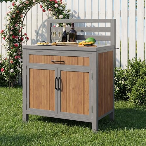 Wetterfester Outdoor-Gartenschrank aus Massivholz mit großer Arbeitsplatte & Schublade, verstellbaren Regalböden, bis 100 kg belastbar – Grillstation für Terrasse, Balkon und Garten, 80x51x119 cm