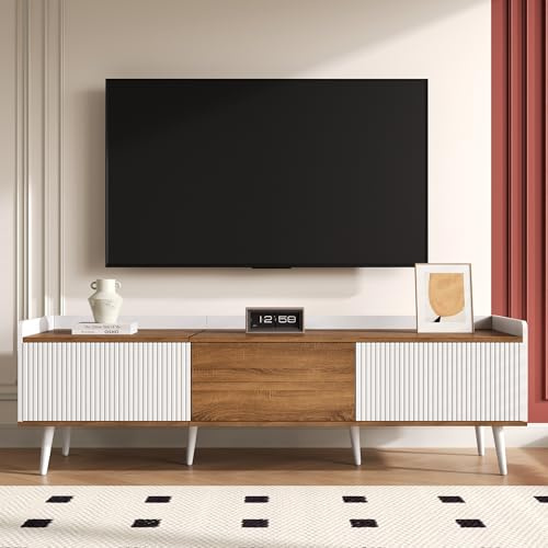 RAPRAP Meuble TV 160 cm de long avec 3 portes, blanc et finition bois naturel, meuble TV bas en bois avec protection antichute et surélevé, construction compacte, rangement en bord,Blanc