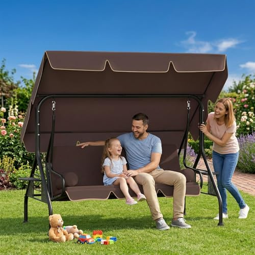 XMTECH Hollywoodschaukel 3-Sitzer mit Liegefunktion & verstellbarem Sonnendach, Gartenschaukel mit Seitentischen & Kissen, Schaukelbank Garten Terrasse, bis 350 kg, 185 x 113 x 163 cm, Dunkelbraun