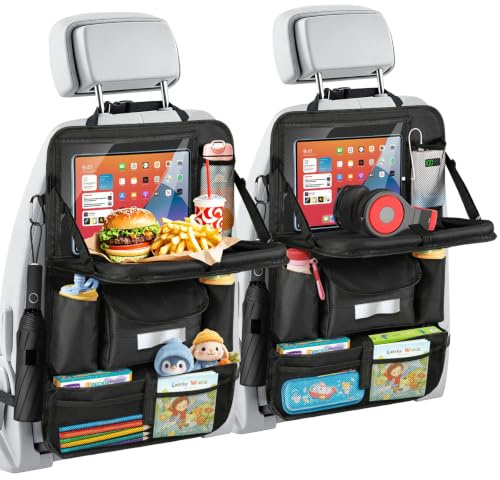 MoKo Car Organizer Back Seat, 8 Pockets Foldable Tray 600D Black, 2 Pack | 600D Oxford Backseat Car Organizer, Back Seat Organizer with Foldable Table Tray and Transparent Tablet Pocket for Road Trip
