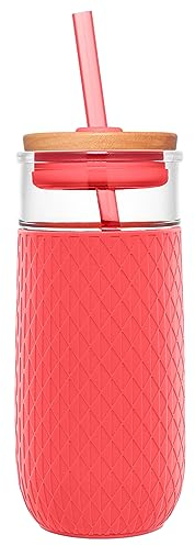Ello Devon Glass Tumbler with Protective No Sweat Silicone Sleeve and Splash Proof Wooden Detail Lid with Straw, 18 oz