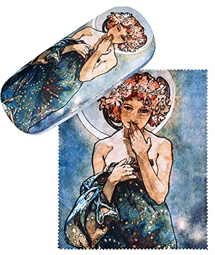 VON LILIENFELD Brillenetui Alfons Maria Mucha : Der Mond Kunst Motiv Etui Brille Mikrofaser Brillenputztuch Brillenbox Stabiles Hardcase Set mit Stoff bezogen