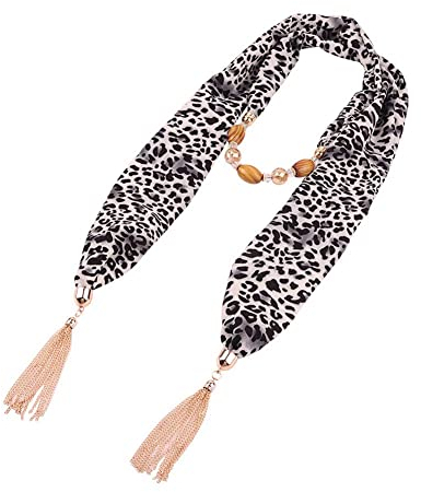 MoreChioce Halstuch mit Schmuck,Damen Anhänger Schal Fransenschal Halskette Schal mit Gold Quaste Anhänger Halsschmuck Rundschal Loopschal,Klein Schwarz Leopard