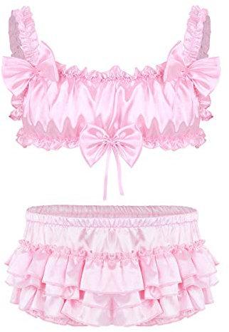 IEFIEL Ensembles Lingeries Homme Soutien-Gorge Bra avec String Jupe Bloomer en Satin Shorts Gay Sissy sous-Vêtement de Nuit Pyjama Underwear M-XXL Rose 3 XL