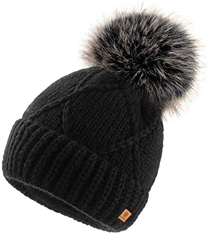 Woolk 4sold Herren Damen Wurm Winter Mohair Style Beanie Strickmütze Mütze mit Fellbommel Bommelmütze Hat Gestrickte Pudelmütze Plain Ski Pom Wooly Full Cosy Fleece-Futter (Birma Black)
