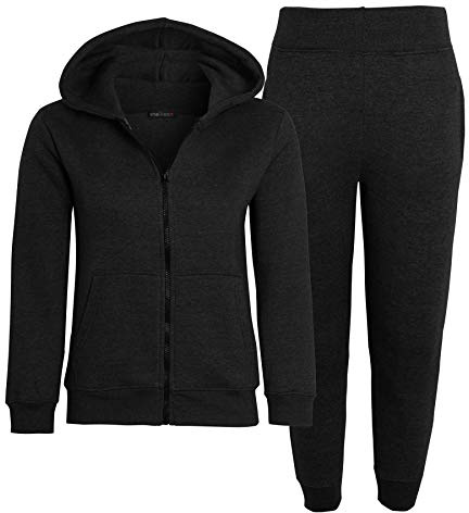 shelikes Kids Tracksuit Plain Fleece Hooded Zipped Top With Bottom Joggers Jogging Suit Outfit Set For Girls Boys Children Age 5-14 Years