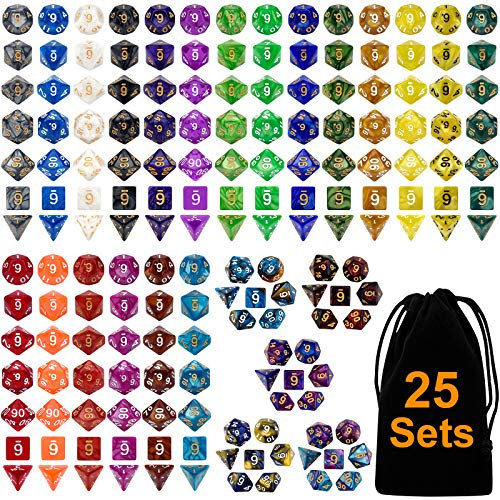 DND Würfel-Set, 25 x 7 (175 Stück) Doppelfarbige Polyeder-Würfel für Dungeons and Dragons D&D RPG MTG Tischspiele D4 D6 D8 D10 D% D12 D20 25 Farben Würfel mit 1 großen Flanellbeutel