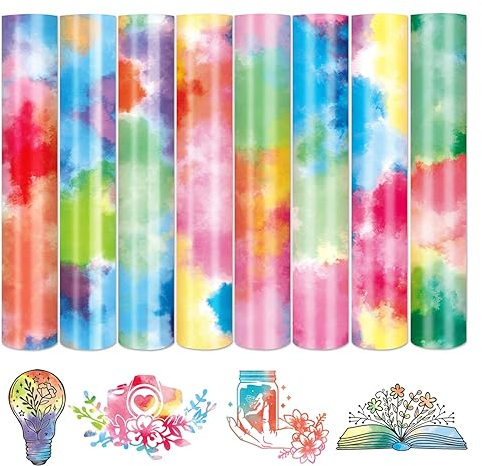 Tintnut Tie dye Heat Transfer Vinyl - 8 Sheets Rainbow HTV Iron On Vinyl - 12 x 10 Clouds HTV for T-Shirt, Fabric Watercolor for T-Shirt DIY