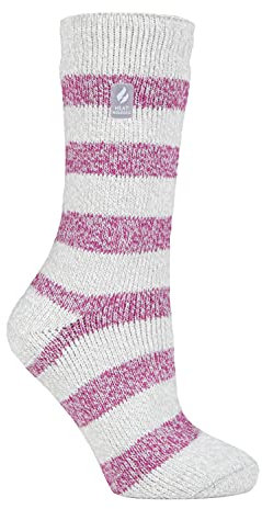HEAT HOLDERS - Damen Extra Warm Innen Flauschig Thermosocken für Geschenk | Socken für Winter (DE/NL/SE/PL, Numerisch, 37, 42, Regular, Regular, Hellgrau/Berry (Chunky Stripe))