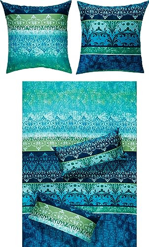 Erwin Müller Bettwäsche, Bettgarnitur, Bettbezug, Wende-Kissenbezug Mako-Satin orientalisch, blau Größe 80x80 cm / 200x200 cm - temperaturausgleichend, mit Reißverschluss