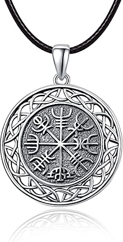 KINGWHYTE Wikinger Halskette 925 Sterling Silber Keltischer Vegvisir Kompass Anhänger Nordischer Wikingerschmuck für Männer Frauen mit Lederband 50cm