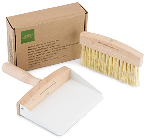 Wooden Desktop Dustpan and Brush Set with Soft and Firm Grip for Sweeping Cleaning Kitchen Worktops, Tables, Offices Crumbs Sweeping Set Made of Wood Steel Handy Portable in Cream Colour