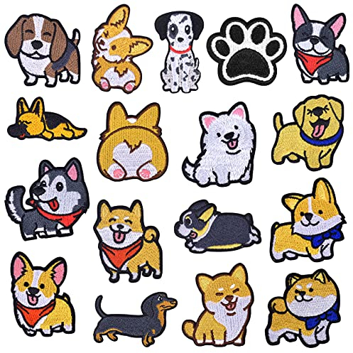 Jinlaili 17 Stück Hündchen Patch Stickerei, Patches Abzeichen Zum Aufbügeln, Niedlich Patch Sticker, Eisen auf Gestickten Flicken Nähen, Tiere Aufnäher Bügelbild, Cartoon Applikation Aufbügler für DIY