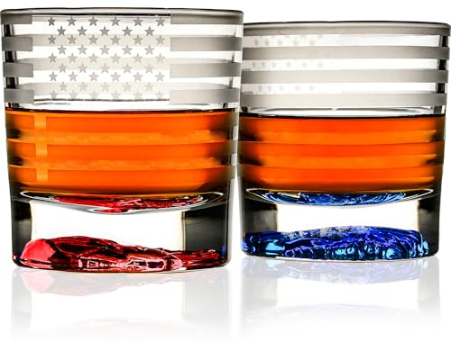 Greenline Goods American Flag Decor USA Glasses - With Patriotic Eagle - (Set of 2) 10 Oz Tumbler Set | America Themed Whiskey Set - Colored 3D Eagle Heavy Glass Base