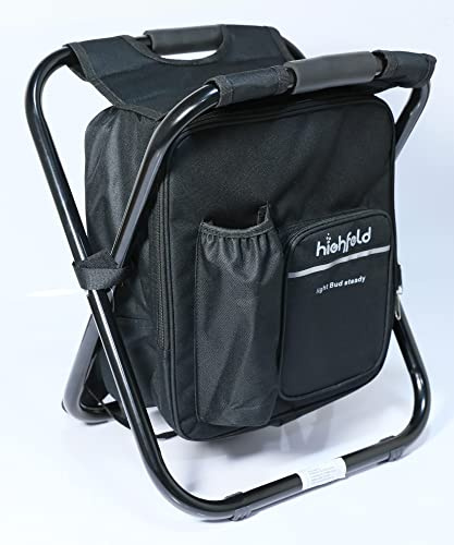 Highfeld® Sitzrucksack | Tragbarer 2-in-1 Camping Hocker | 36 x 29 x 41 cm | Eingebaute Kühltasche | Faltbarer Outdoor Hocker für Festival, Camping-Ausflüge und den Strand | Schwarz