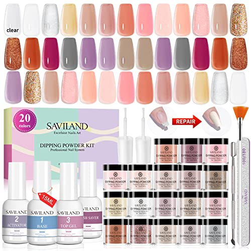 Saviland 29-teiliges Dipping Powder Nails Set – 20 Farben Clear White Nudes Dip Powder Set Dipping Powder System Liquid Set mit Base & Top Coat Activator Brush Saver für Nail Art Design