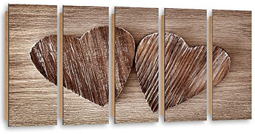 Feeby Modernes Bild 100x40 cm Holz Herz Liebe 5 Paneele Design Deko Wand Aesthetic Vintage Rustikal Retro Braun