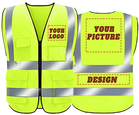 BeautyWill Personalisierte Sicherheitsweste Warnweste mit Text oder Logo und 5 Mehreren Taschen, Warnschutz Arbeitsweste Sicherheitsweste mit 360°Reflektorstreifen (Gelb-XL)