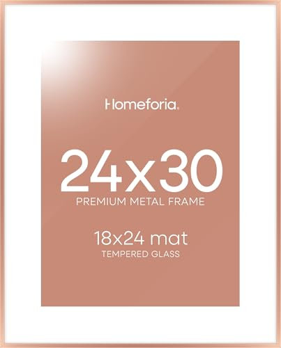 Homeforia 24x30 Posterrahmen Roségold, Premium 24x30 Puzzlerahmen Metall mattiert auf 18x24 Foto, 30x24 Bilderrahmen mit Matte für 18x24 Foto, gehärtetes Glas, Wandhaken inklusive, 1er Set