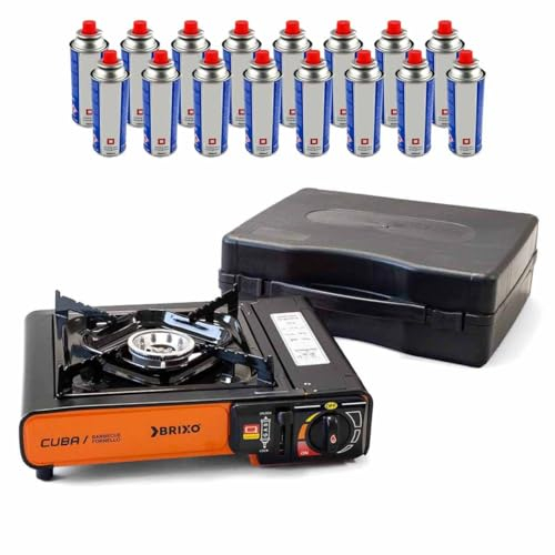 BRIXO - Hornillo de gas portátil de 2200 W + 16 cartuchos de gas camping cocina exterior