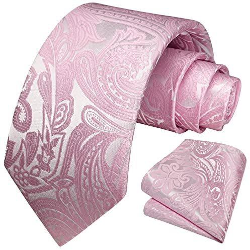 HISDERN Krawatte Rosa Herren Hochzeit Paisley Krawatten und Einstecktuch Set Elegant Blumen Krawatte mit Taschentuch Business Party