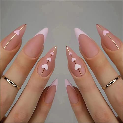 AKOFIC 24 Pièces Faux Ongles Français Court Amande, Ballerine Faux Ongles avec Colle à Ongles, Press On Nails Faux Ongles à Coller Nail Art pour Femme et Fille (Rose Mat)