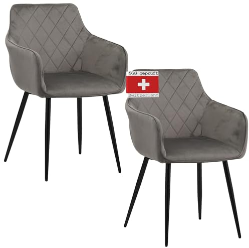 Albatros Esszimmerstühle 2er Set SALO, Grau - Modern und Stilvoll, bequemer Polsterstuhl - Eleganter Küchenstuhl, Stuhl Esszimmer oder Esstisch Stuhl im Retro-Look Samt